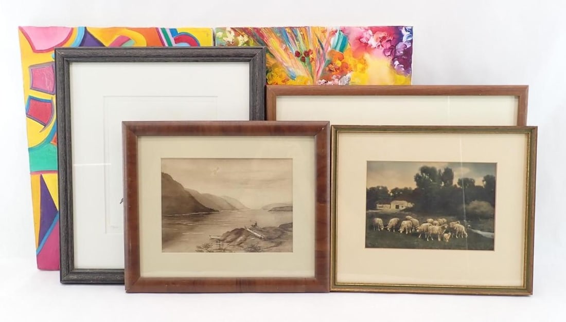 (6) Flat Art Objects: incl.: Dru McBaine Oil on Canvas Painting "Easter Sunday", 18" x 14"; Unsigned Abstract Oil on Canvas Painting, 18" x 14"; Mary Ann Lis Limited Edition Print "Yellow Sparrow", 17" x 15" framed;
