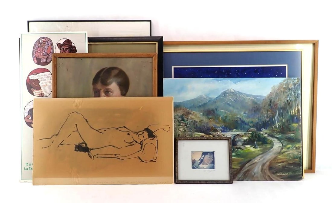 (8) Flat Art Objects: incl.: Dru Wheelin Limited Edition Lithograph "Winter Skies Over Cornell", 22.75" x 25.75" framed; Monet Lithograph, 24.5" x 30" framed; "A Romance Map of the Northern Gateway", 28.25" x 22.25"