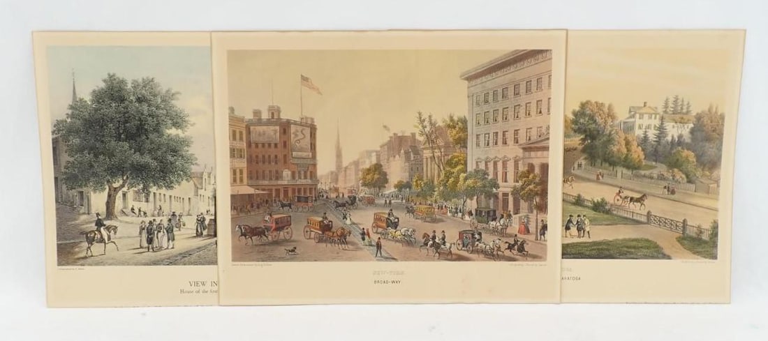 (3) Vintage Colored Engravings: "View In Albany", "Part of Saratoga", New York / Broad-Way", each 9.5" x 12"