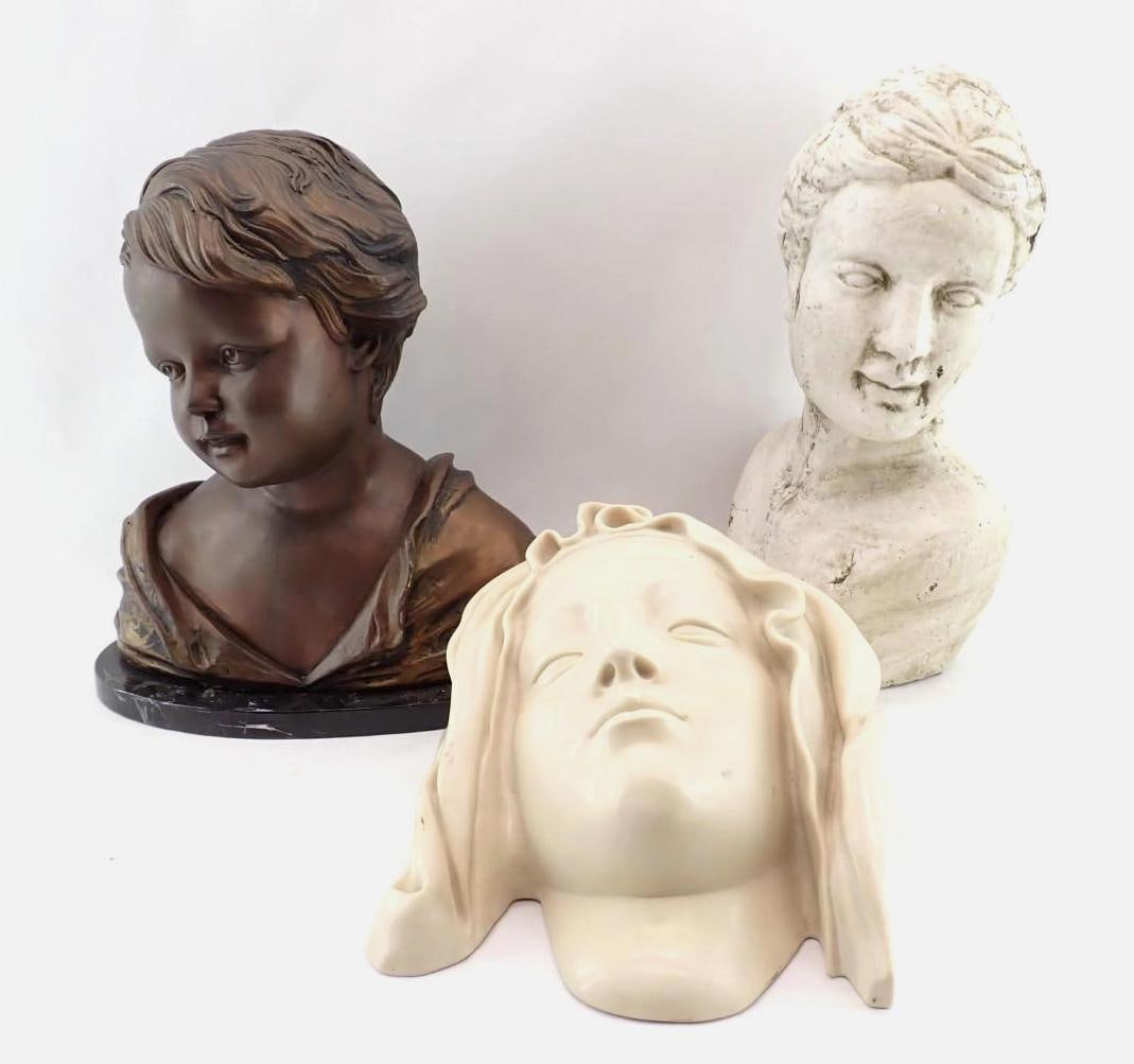 (3) Busts: Plaster Maiden, 15.5" in height; Metropolitan Museum of Art Cast Resin "Head of the Virgin", 13.375" in height; Cast Metal Child on marble base, 14' in height