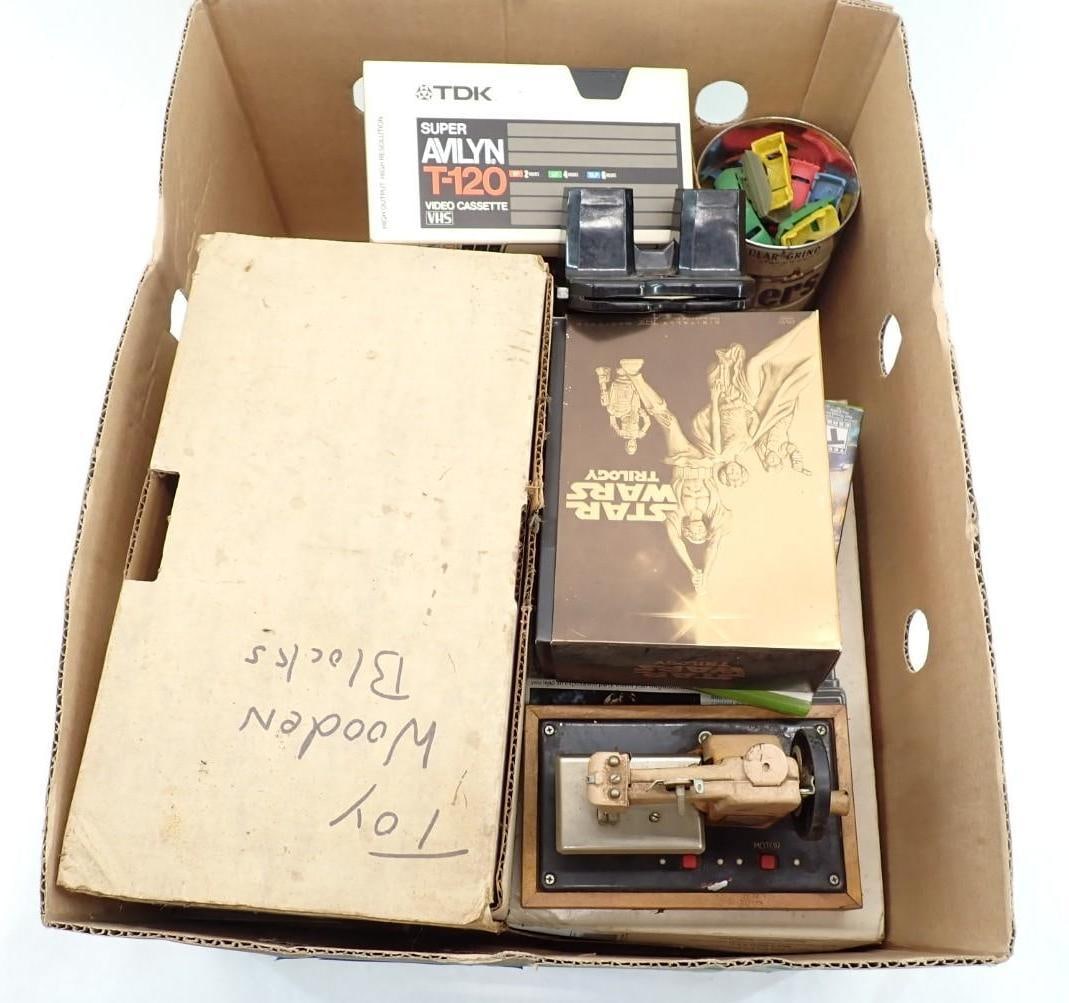 Vintage Toys: incl.: Can of Plastic Cars; Sew Master & Flare Sewing Machines; Sky Talkers Two-Way Radios; PEM Diecast Tractor Trailer ; Fanner Cap Pistol; Marbles; Wood Blocks; Star Wars Trilogy DVD Set;