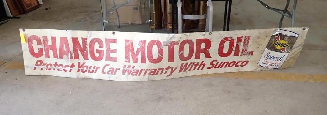Vintage Sunoco "Change Motor Oil" Sheet Metal Sign: 16" x 96", two sided