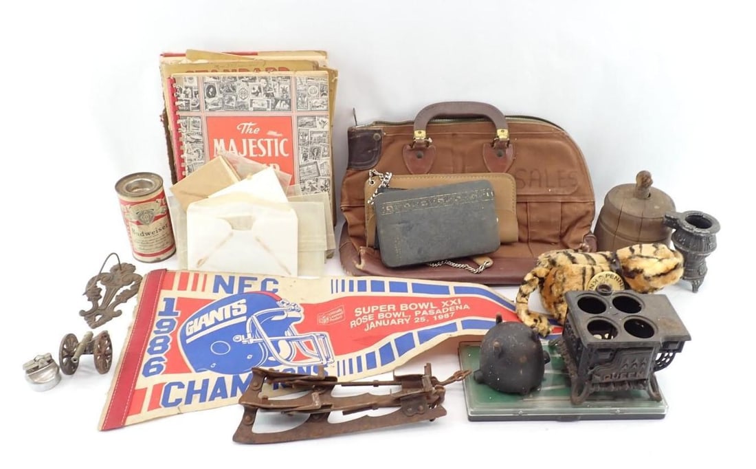 Collectibles Lot: incl.: stamp collection; butter press; ice skates; miniature cook stove & toy cannon; Budweiser lighter; drafting tool set; State of Connecticut locking bag; more...