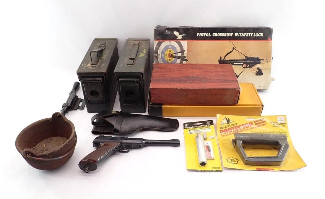 Sportsman's Lot: incl.: Colt & Ruger handgun boxes; pistol crossbow; leather holster; lead melting pot; (2) steel ammo cans;