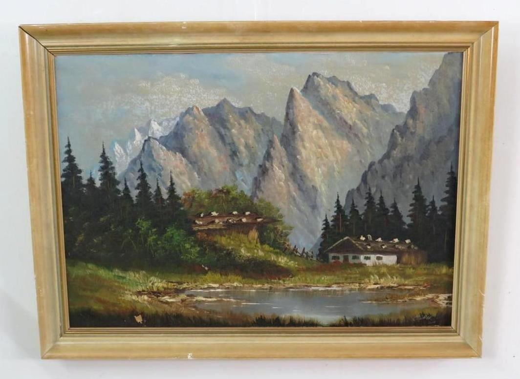 Continental Oil on Canvas Landscape Painting: unidentified signature lower right, 19.75" x 27.5", 23.5" x 31" framed, minor paint loss