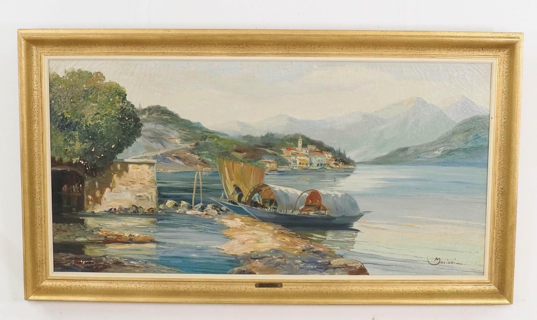 A. Mariani Continental Harbor Oil on Canvas Painting: signed lower right, 24" x 48", minor paint loss