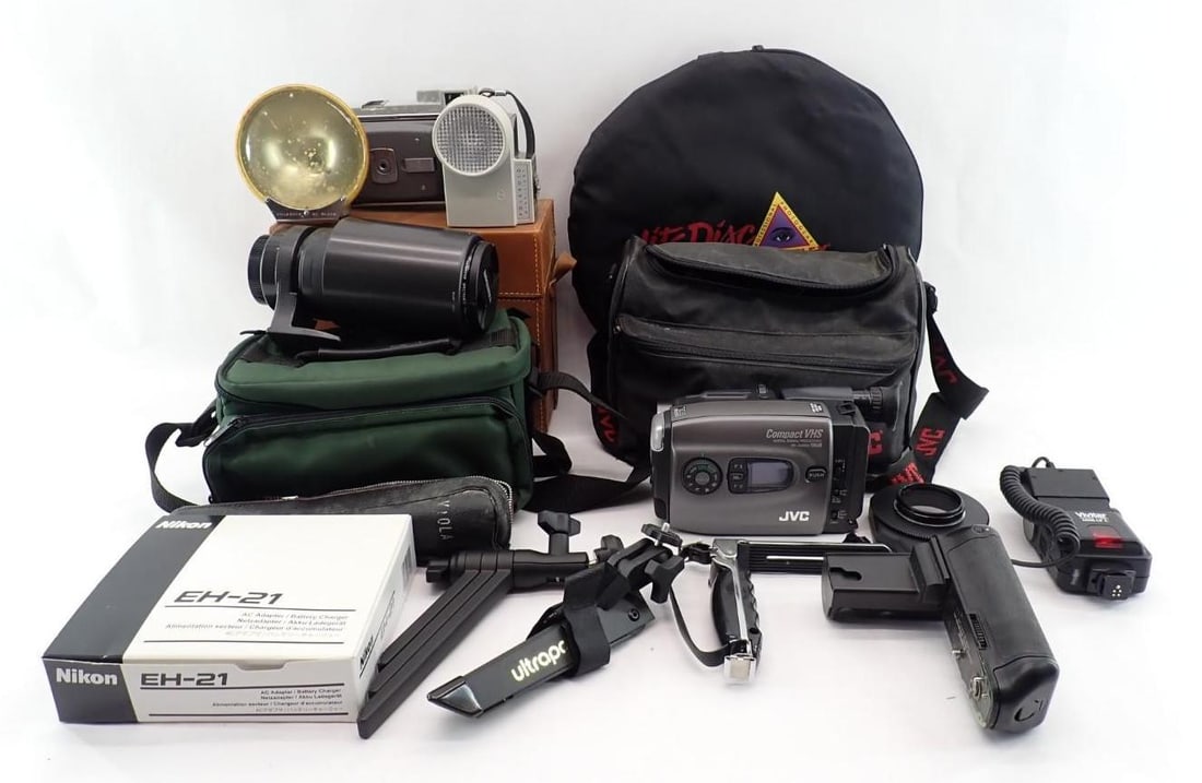 Photography and Video Equipment: incl.: JVC GR-AX800 compact VHS camera; Vivitar Macro Flash; Canon E1 Power Drive Booster; Polaroid Model 80 Camera and accessories; Tamron 200-400mm 1:5.6 Lens; Photoflex 42" White Translucent