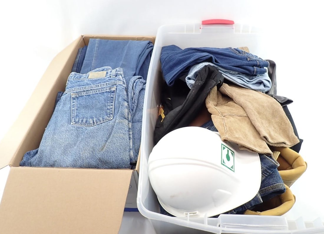 Clothing, Foot Wear & Accessories: incl.: Wolverine Insulated Work Boots,size 12EW; (2) Pr. Ladies Boots, size 10; (14) Pants, incl.: Carhartt, Ladies Levis, Stanley Insulated Jeans, Wrangler, sizes 42x30, 38x30, 38x29, 32x30, 12, 28,