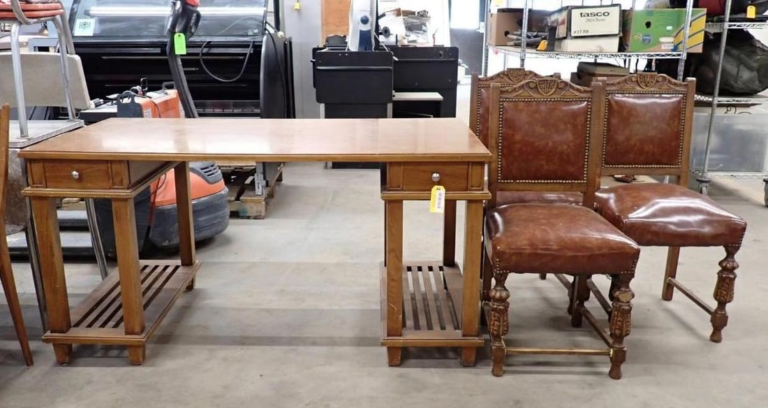 Mahogany Finish Library Table & (3) Carved Chairs (1 of 7)