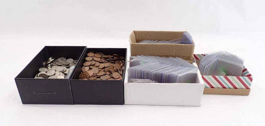 U.S. & Foreign Coins: incl.: 5 Pounds of Nickels; 7 Pounds of 1982 and earlier Lincoln Cents; (19) Flips with Contents; various empty flips