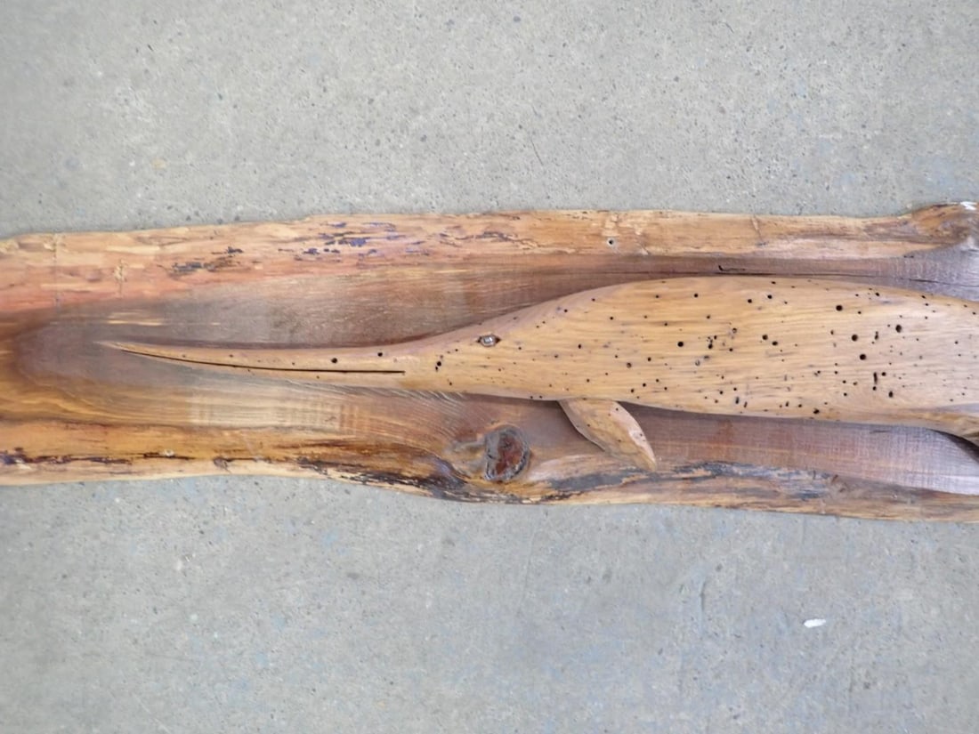 Folk Art Carved Wood Gar on wood slab - 2