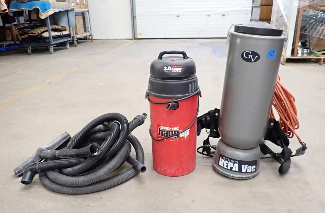 (2) Vacuum Cleaners: wall mount shop vac & GV HEPA backpack style