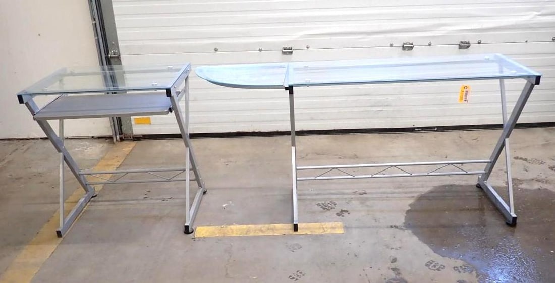 Steel Framed Glass Top Desk Unit: two section