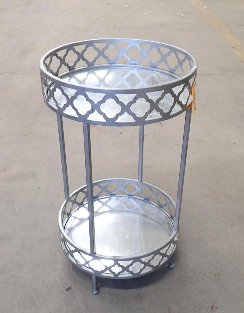 Two Tier Round Metal Stand with Mirror Shelves: 16.125" in diameter x 27.625" in height