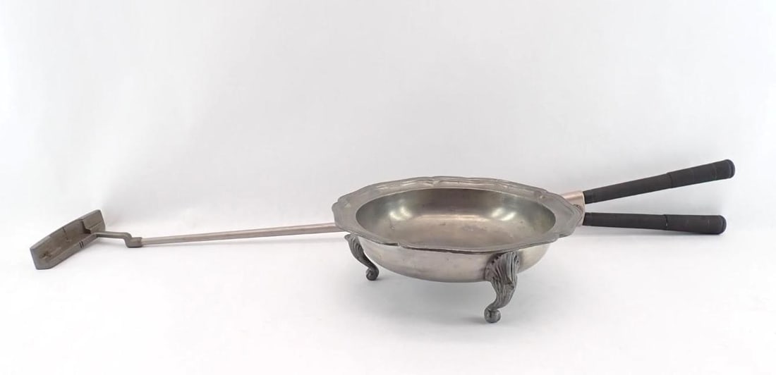 Footed Pewter Bowl & Two Handle Putter: the bowl being 10.5" in diameter; the putter Stewart MacDougall Design