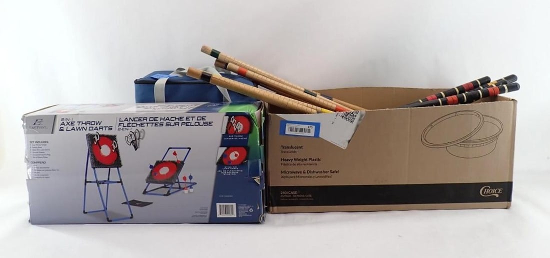 Lawn Games: incl.: Giant Tumble Tower; Axe Throw and Lawn Darts; Croquet Mallet and Stakes