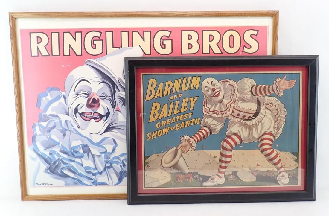 (2) Contemporary Barnum and Bailey Circus Posters: 20.375" x 26.5" and 26.25" x 36.25" framed