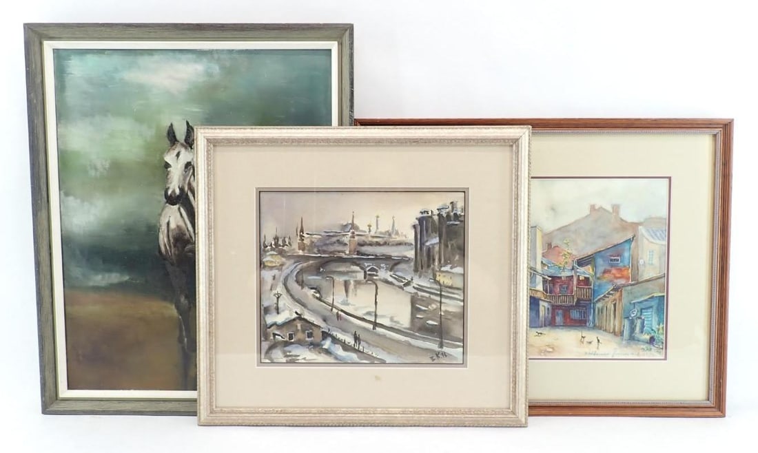 (3) Paintings: (2) signed watercolors, 17" x 21" & 16.375" x 18.125" framed & (1) oil on canvas, 21.75" x 17.75" framed