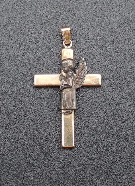 14K Yellow Gold & Sterling Silver Cross Pendant: 14K yellow gold cross set with sterling silver angel, 30mm in length, 1.71 grams total weight