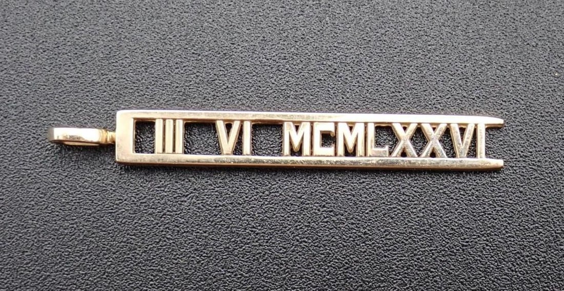 14K Yellow Gold Roman Numeral Pendant: "III VI MCMLXXVI", 49mm in length, 3.13 grams
