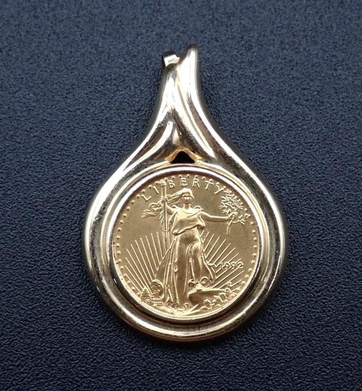 1992 U.S. $5.00 Gold Coin in 14K Yellow Gold Pendant Bezel: 32mm in length, 5.62 grams total weight