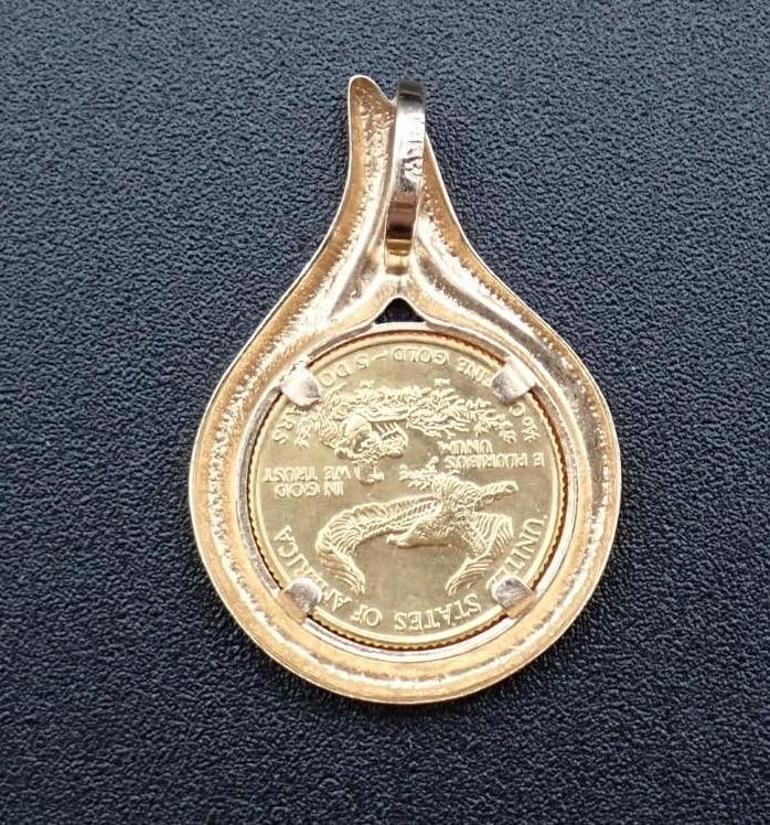 1992 U.S. $5.00 Gold Coin in 14K Yellow Gold Pendant Bezel - 2