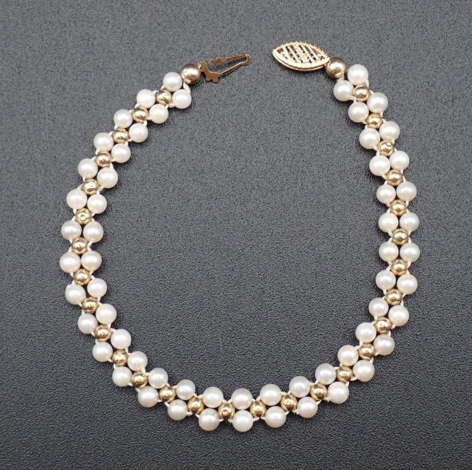 14K Yellow Gold and Pearl Two Strand Bracelet: 7.5" in length