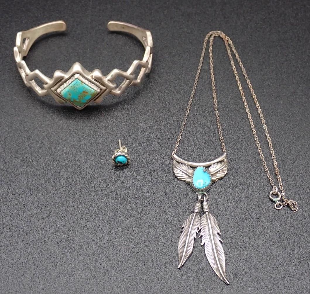 Sterling Silver & Turquoise Jewelry: bracelet, 6.25"; necklace, the pendant 58mm in height, the chain 16" in length; stud earring; 40.5 grams total weight