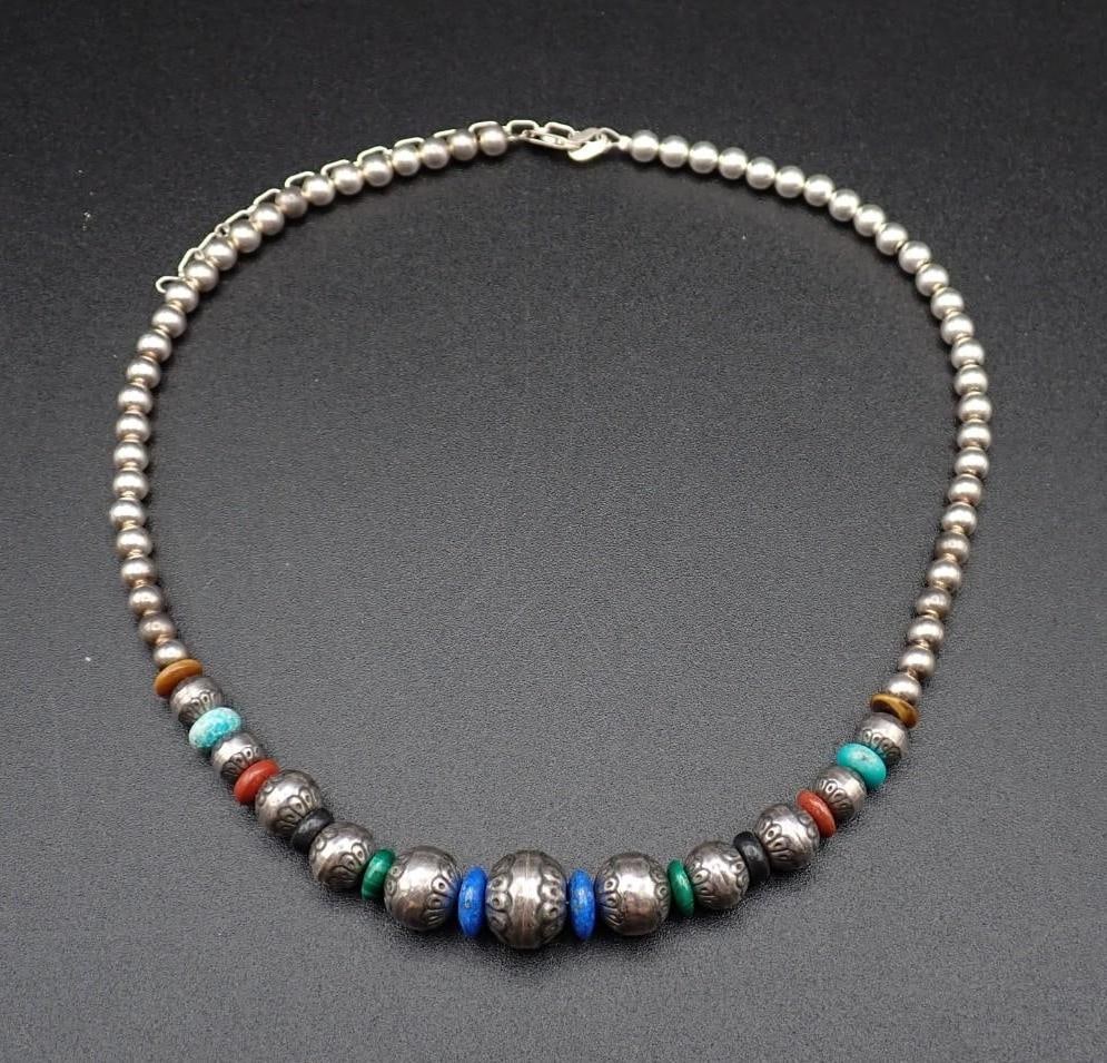 Sterling Silver & Stone Bead Necklace: 18" - 22" in length, 26 grams total weight