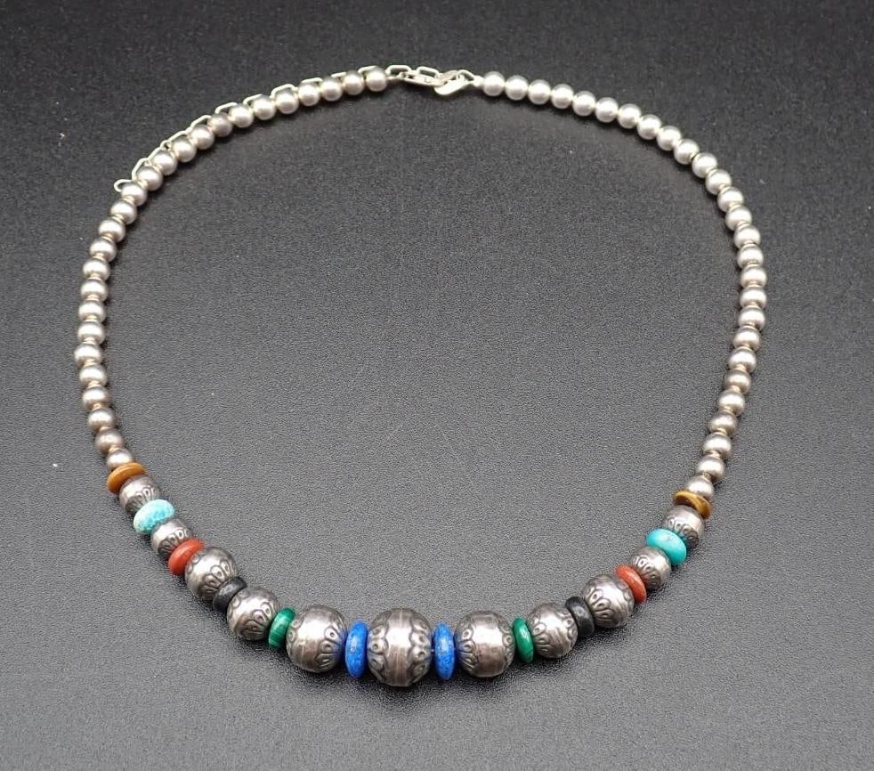 Sterling Silver & Stone Bead Necklace - 2