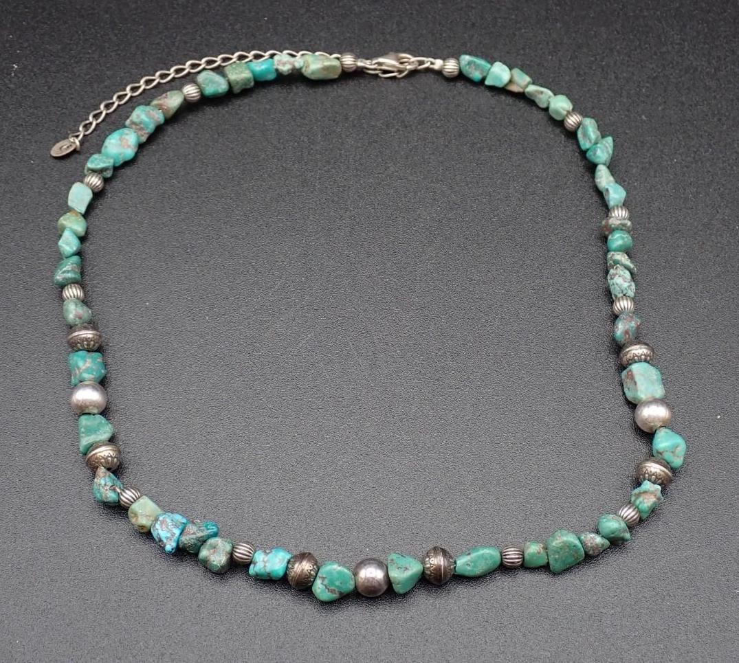 Sterling Silver & Turquoise Nugget Necklace: 18" - 22" in length, 26.2 grams total weight