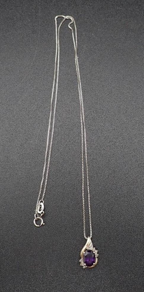 10K Yellow Gold, Sterling Silver, Amethyst & White Sapphire Pendant - 2