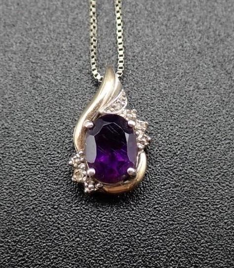 10K Yellow Gold, Sterling Silver, Amethyst & White Sapphire Pendant - 3