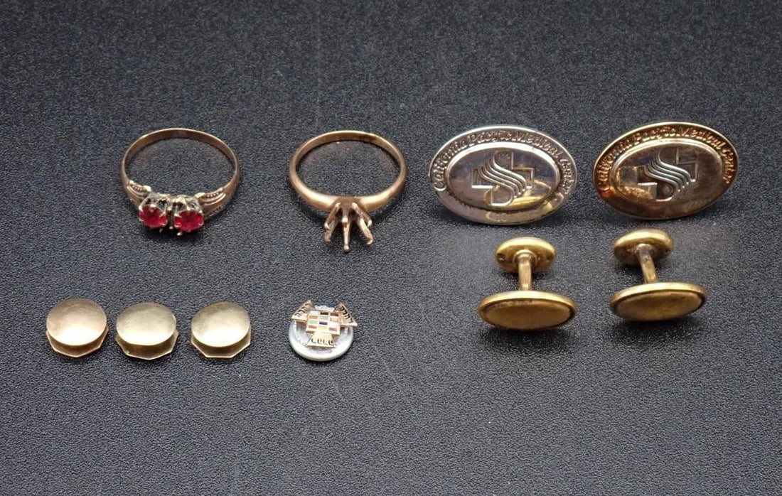 Gold & Silver Lot: 6.68 grams of 14K rose and yellow gold articles; .325 gram 10K rose gold enamel screw back; 4.72 gram Tiffany 18K yellow gold & sterling silver medical service pin; 4.5 gram Tiffany sterling