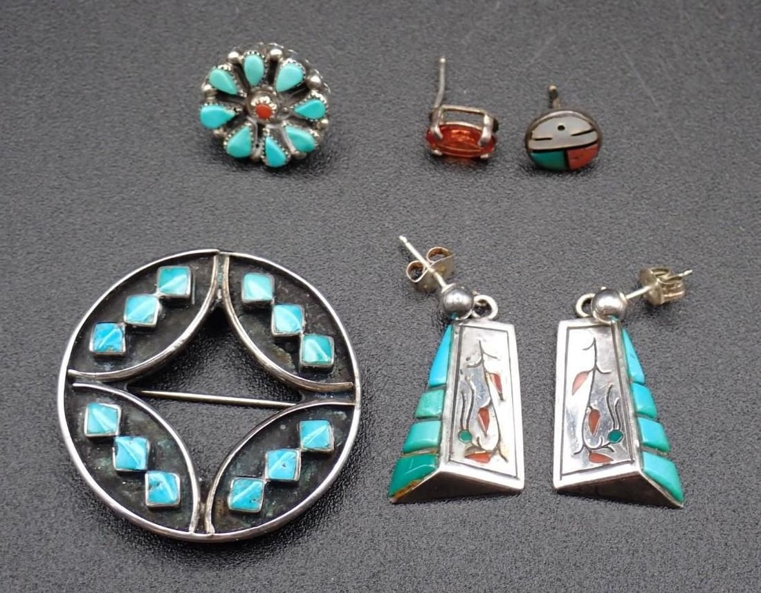 Native American Silver & Turquoise Jewelry: incl.: pair of dangle earrings, signed "W. Silvers" (Wayne Silvers), 31mm in length; brooch, 33mm in diameter; (2) stud earrings, 15.5mm & 9mm in diameter; and a topaz stud earring