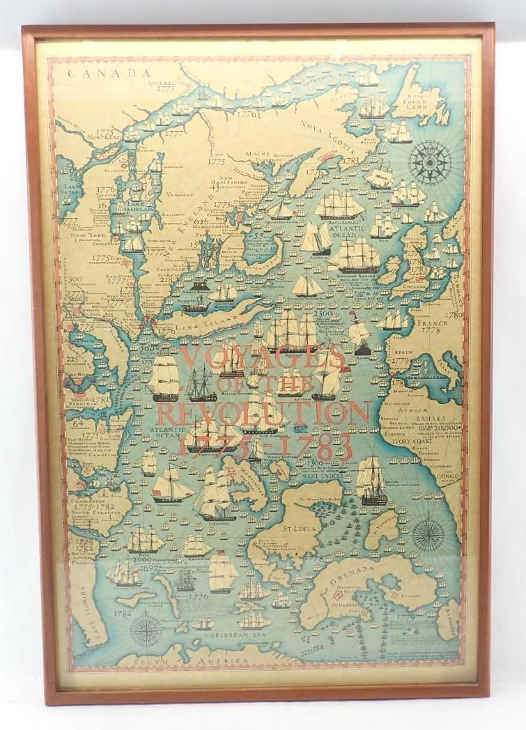 Vintage Poster "Voyages of The Revolution 1775-1783": 37" x 25" framed