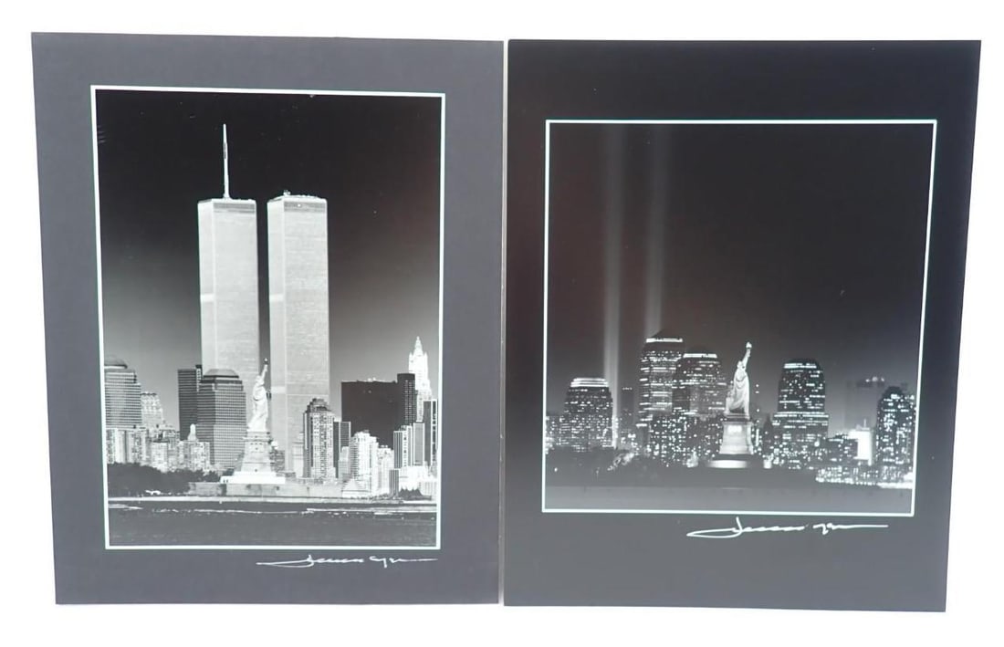 (2) Alex Leykin Black & White NYC Photographs: Statue of Liberty with World Trade Center & Statue of Liberty without World Trade Center; each 10" x 8" overall and each signed