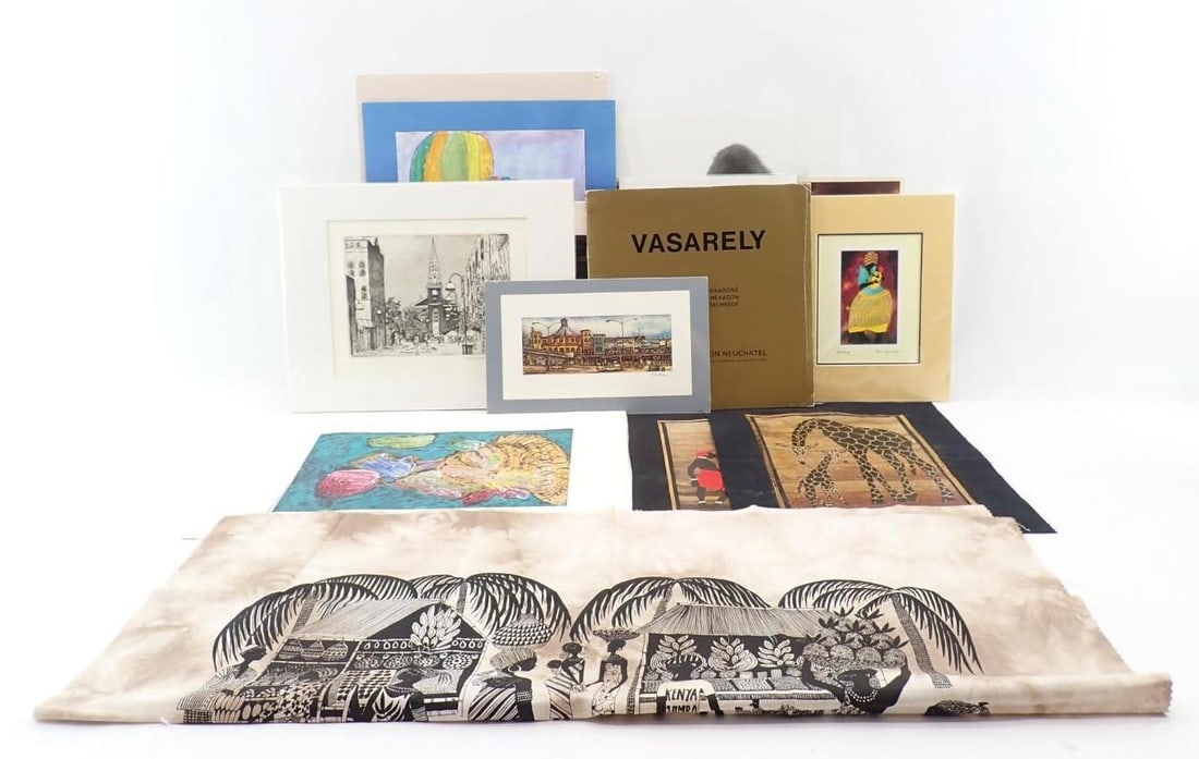 (20)+ Flat Art Objects: incl.: Kenyan Print & Collages on Fabric; Color and Black & White Photographs; Doug Nap (Vermont) Lithographs; Tom Brittain Lithograph; Watercolor Paintings; Paul Nzalamba Lithograph; (10)
