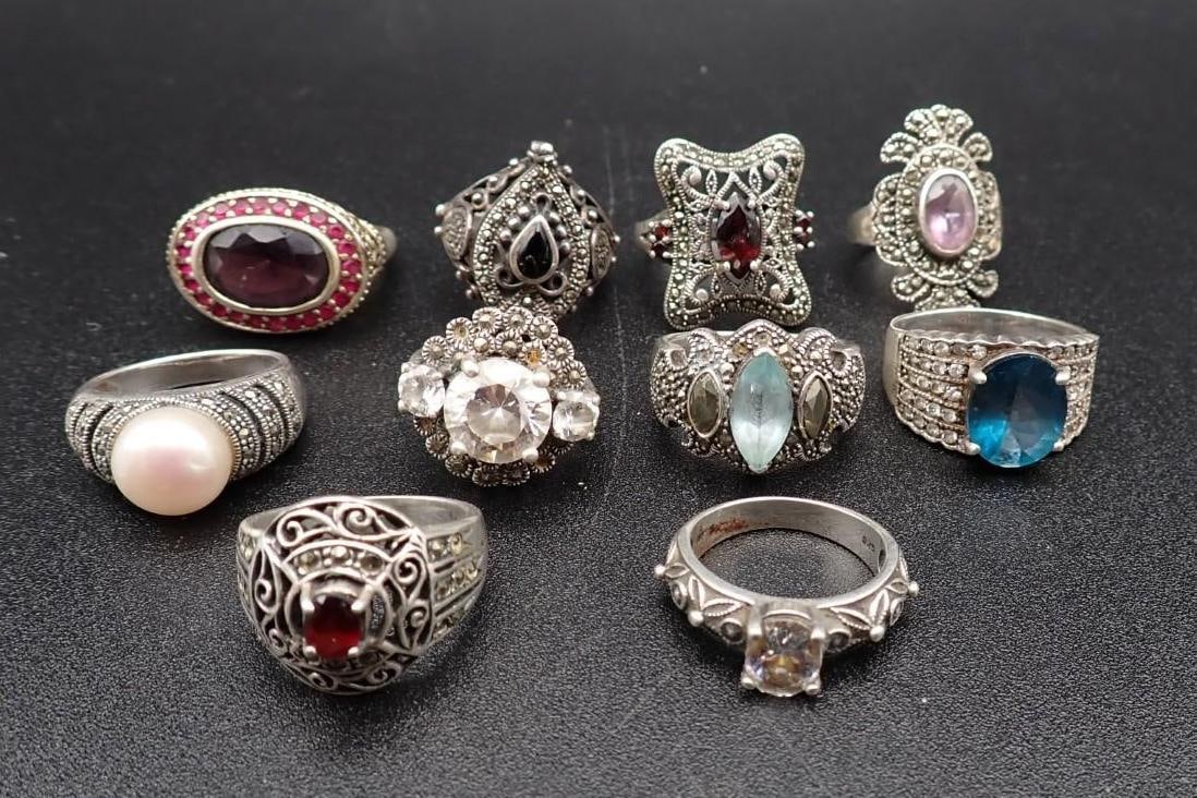 (10) Sterling Silver Rings: 75 grams total weight