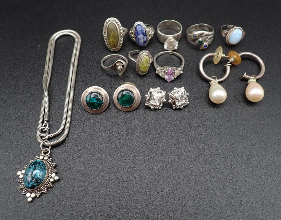 (12) Sterling Silver Jewelry Articles: 78.1 grams total weight