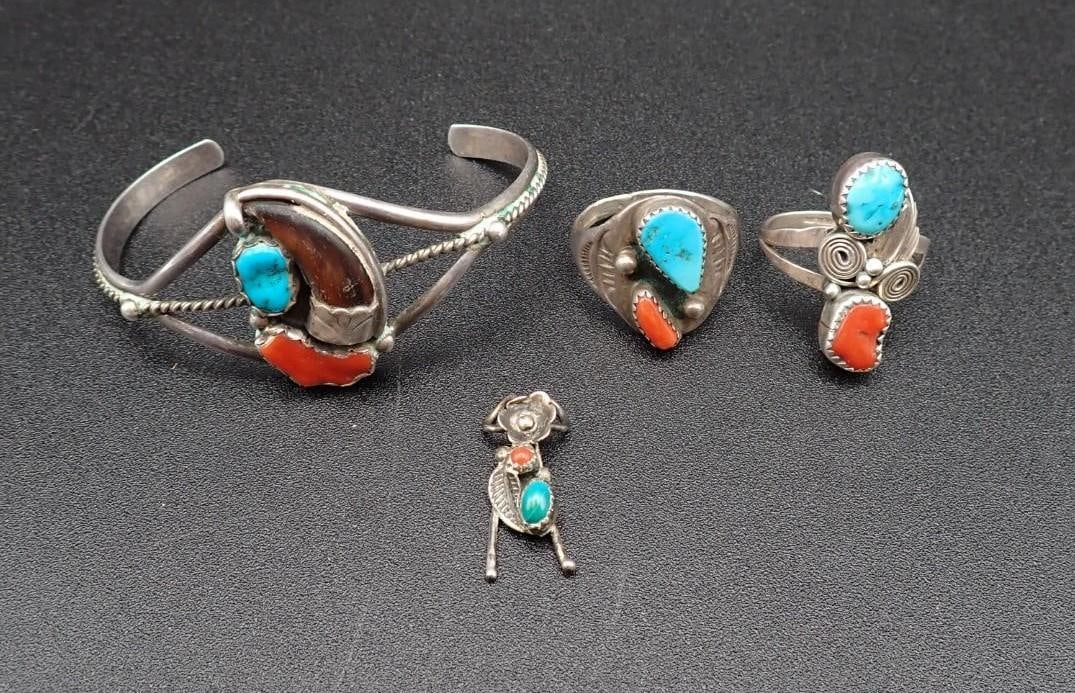 (4) Native American Sterling Silver, Turquoise & Coral Articles: (2) rings, sizes 10.25 & 12; bracelet, 6.5"; pendant, 24mm in length