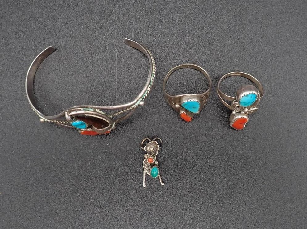 (4) Native American Sterling Silver, Turquoise & Coral Articles - 2