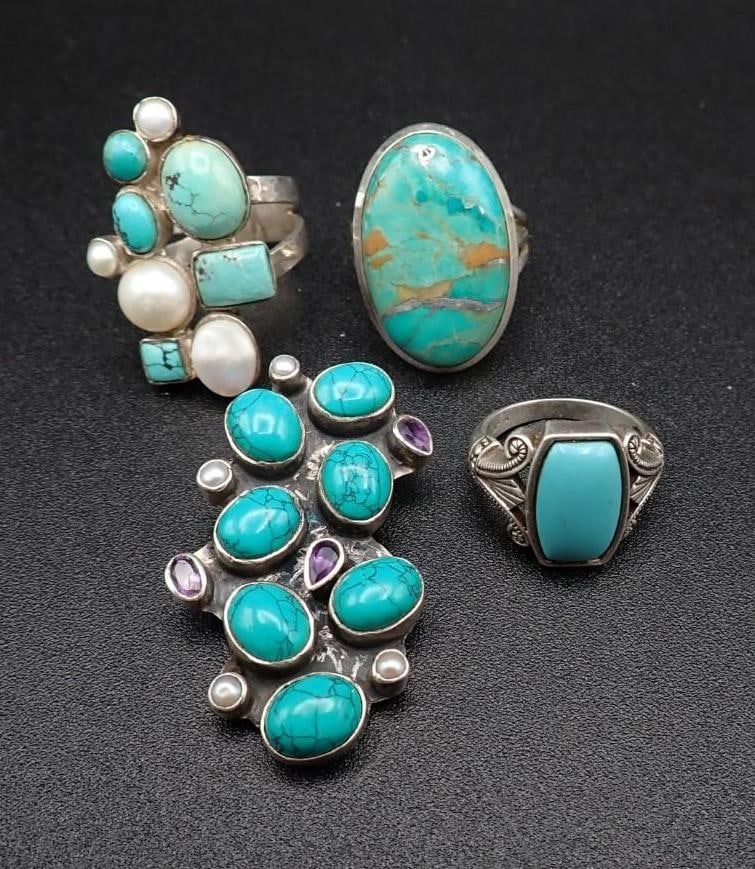 (4) Sterling Silver, Turquoise & Stone Jewelry Articles: (3) rings, sizes 10.25, 7.25 & 10; pendant with turquoise, amethyst & pearls, 45mm in length