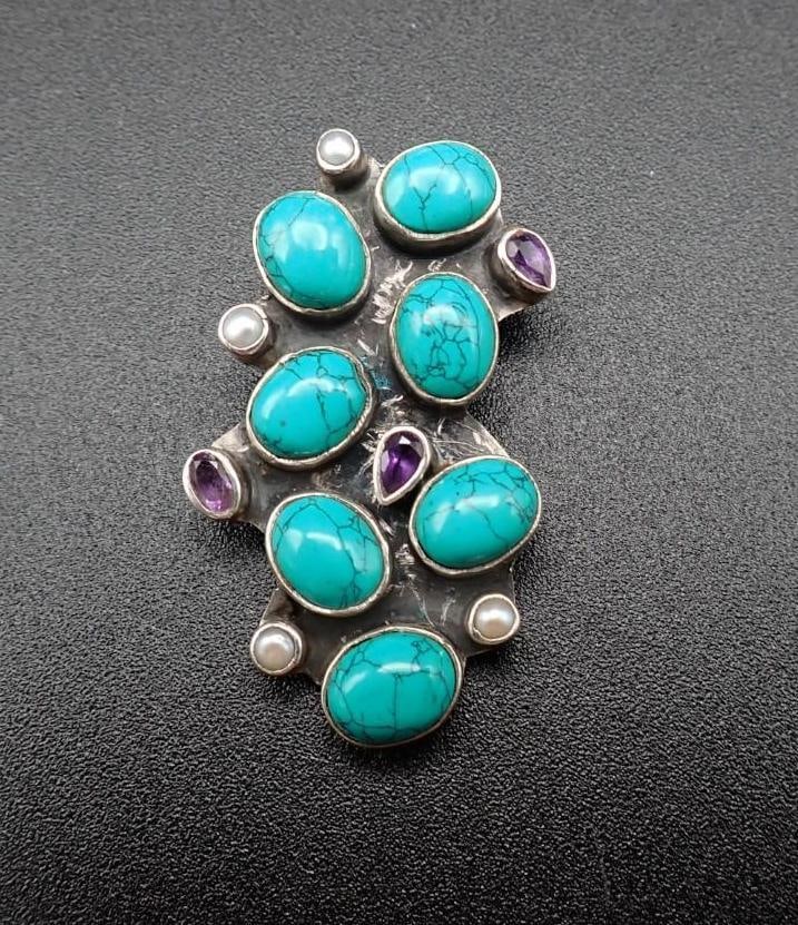 (4) Sterling Silver, Turquoise & Stone Jewelry Articles - 3