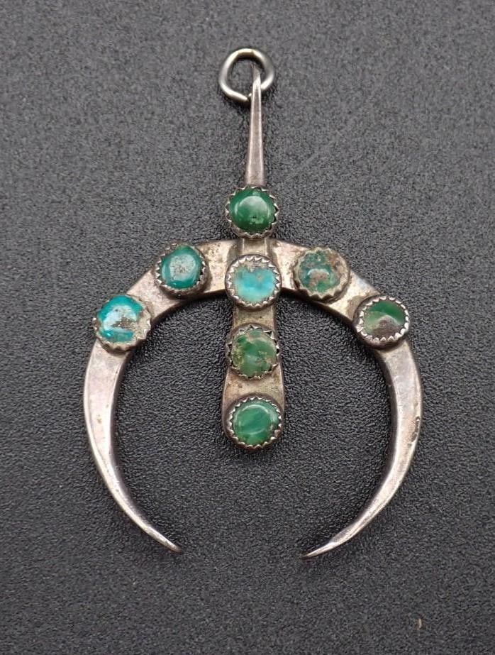 Sterling Silver & Turquoise Squash Blossom Pendant: 52mm in length