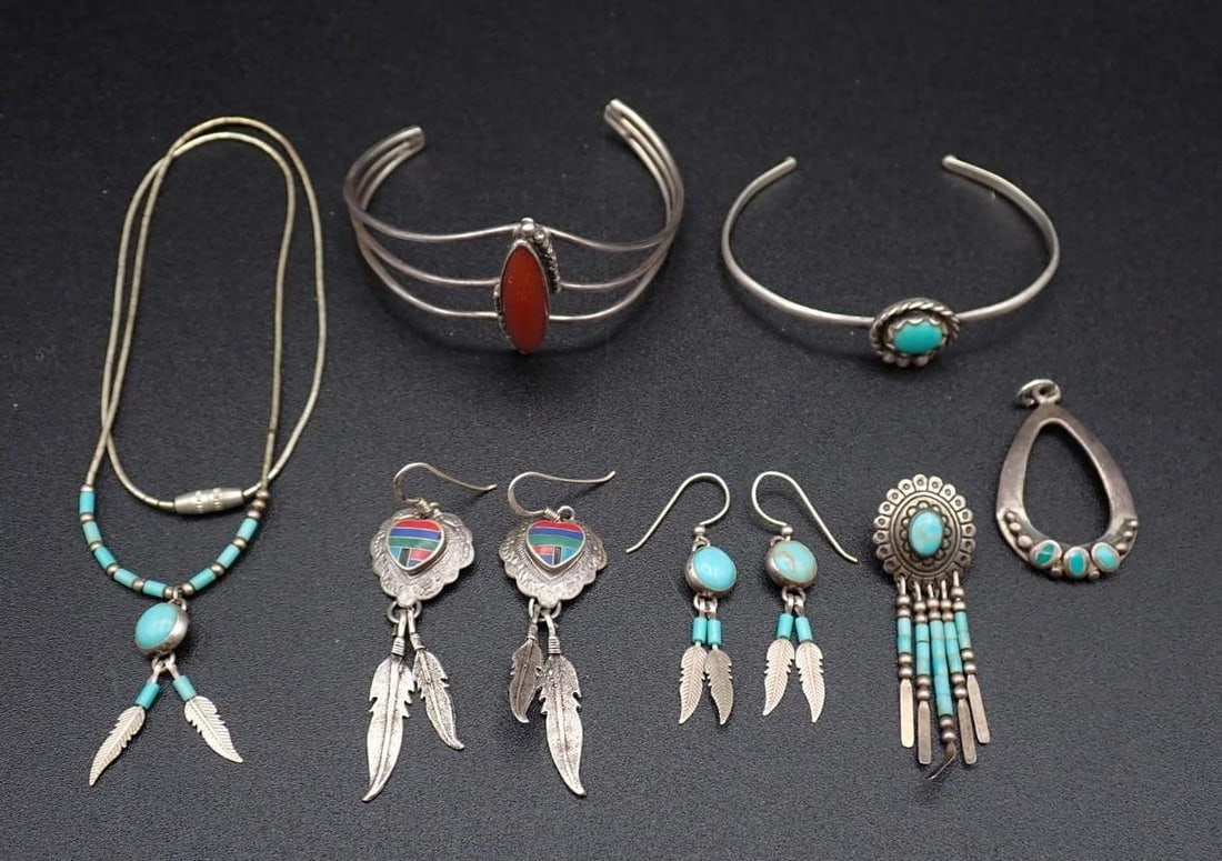 (9) Sterling Silver, Turquoise and Other Jewelry Articles: 37.5 grams total weight
