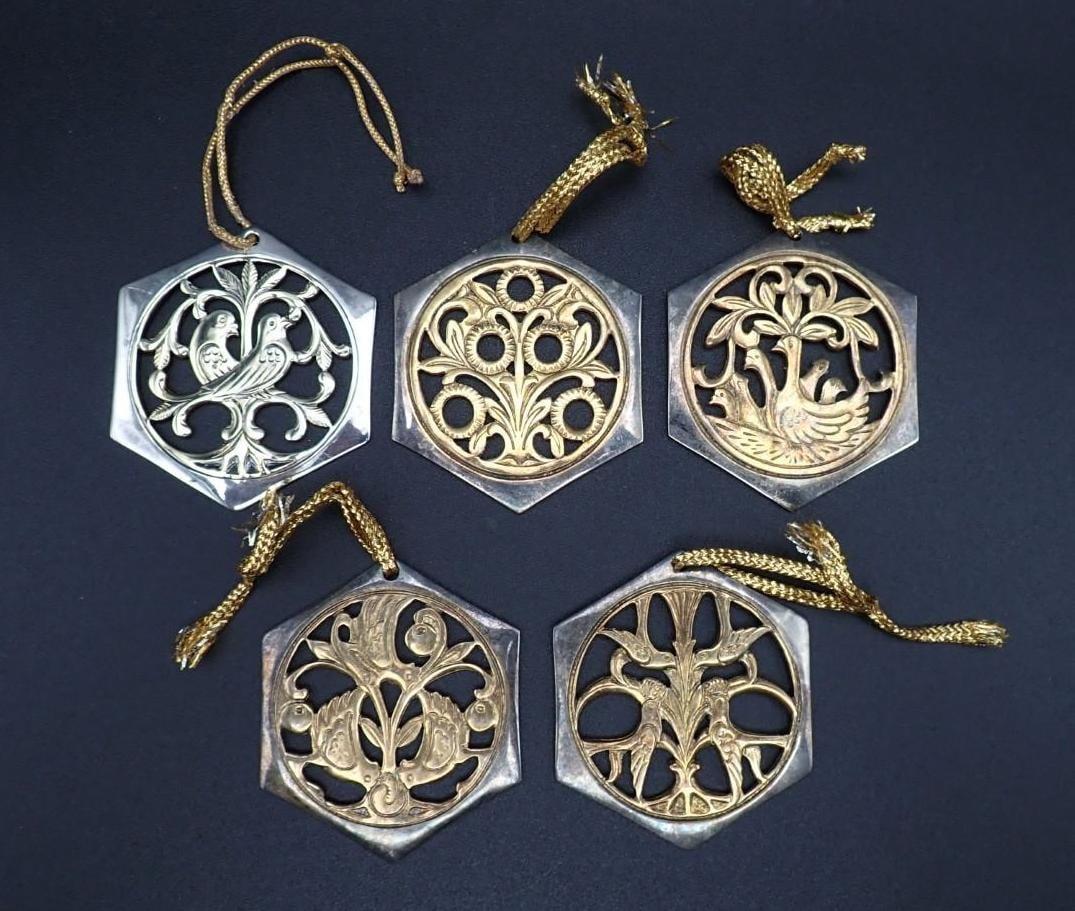 (5) Reed & Barton Twelve Days of Christmas Silver Plate Ornaments: days 2, 3, 4, 5 & 6