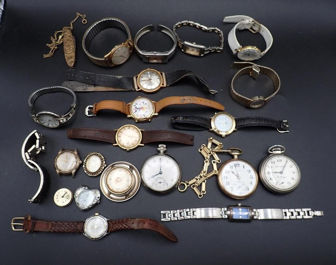 (19) Wrist & Pocket Watches: incl.: Illinois, Sun MArk, Ingersoll, Bulova, Osirock, Timex, Omax, Kessaris,