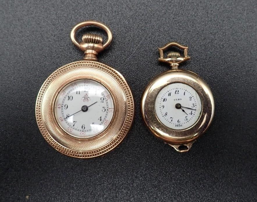 (2) Antique Gold Filled Ladies Watches: American Waltham, s.n. 6594240, 35mm case & Cleo in Illinois Elgin case, 27mm