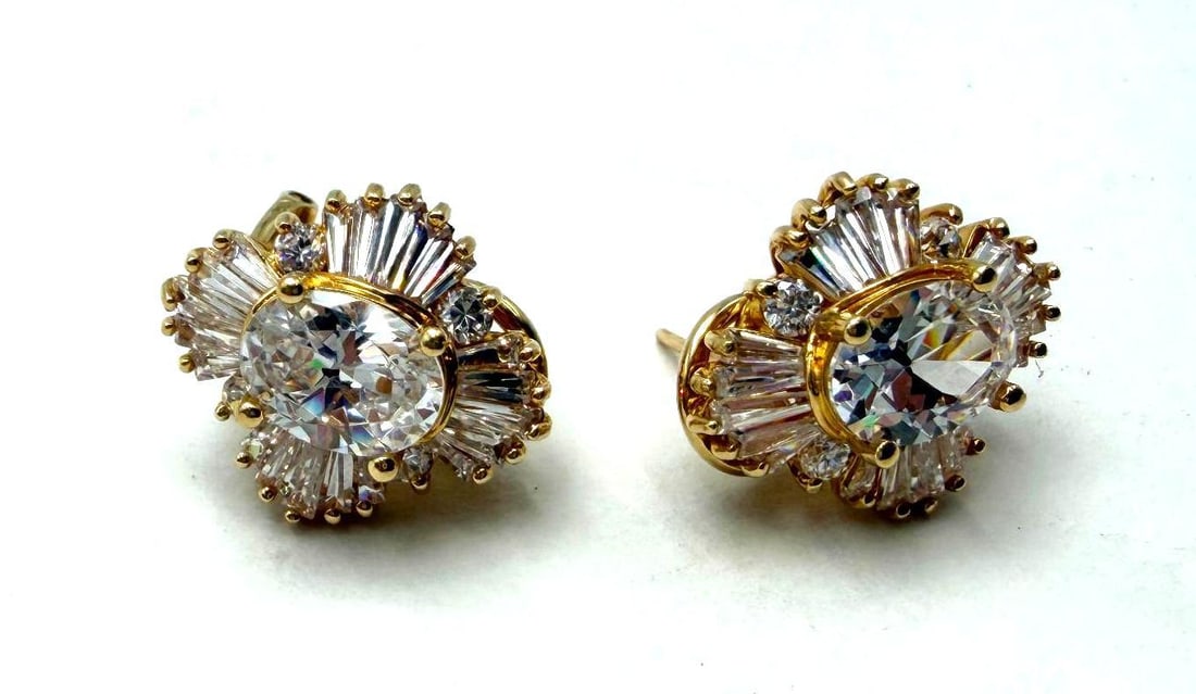 14K Yellow Gold & White Stone Earrings - 2